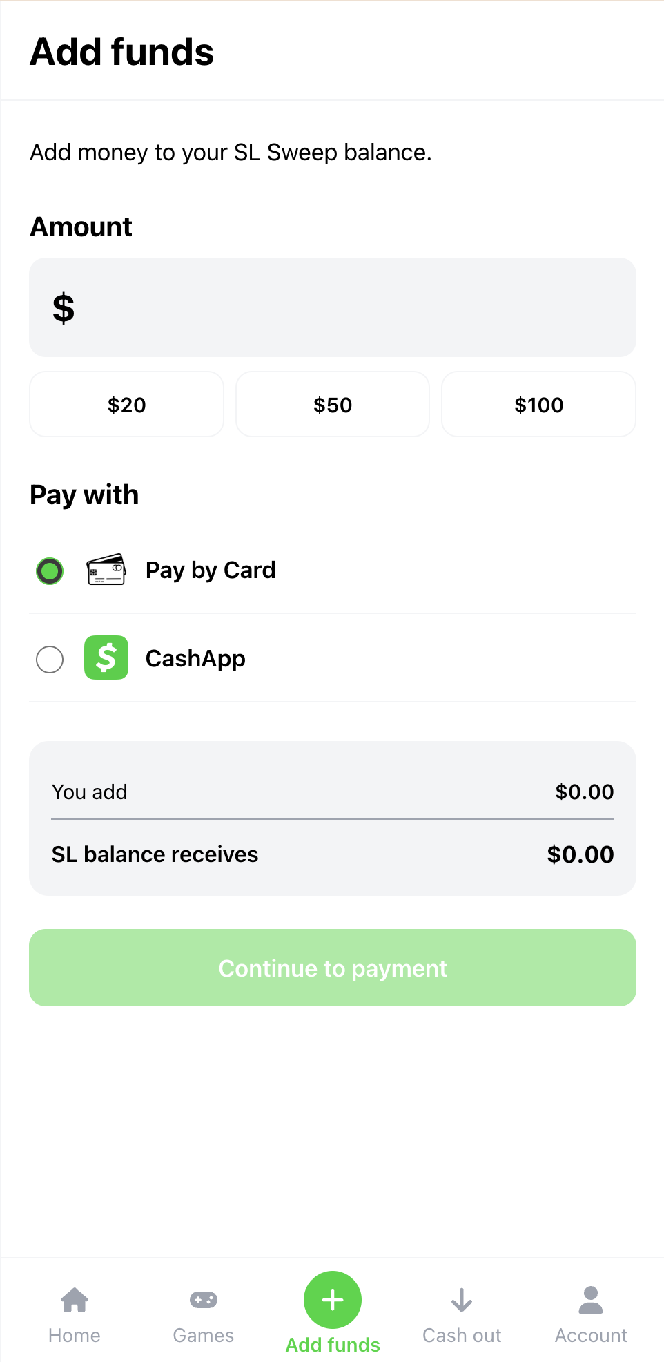 SL Sweep add funds