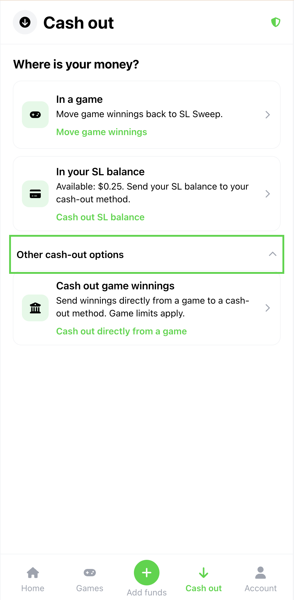 SL Sweep cash out